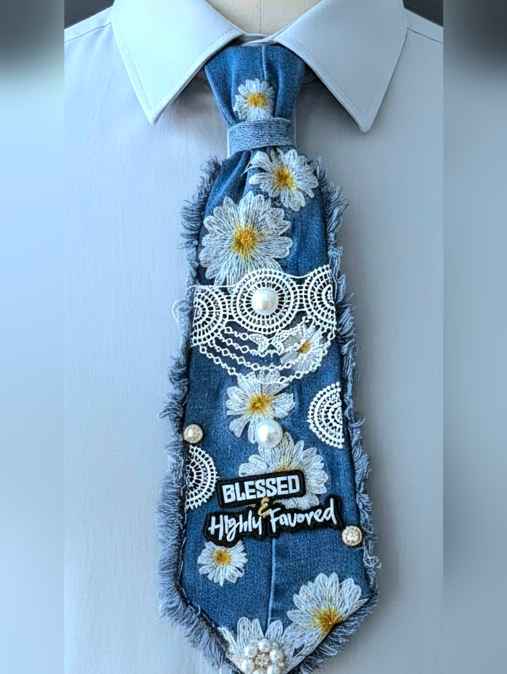 Re-created Denim Daisy Embroidered Tie Necklace with Lace & Pearl Accents